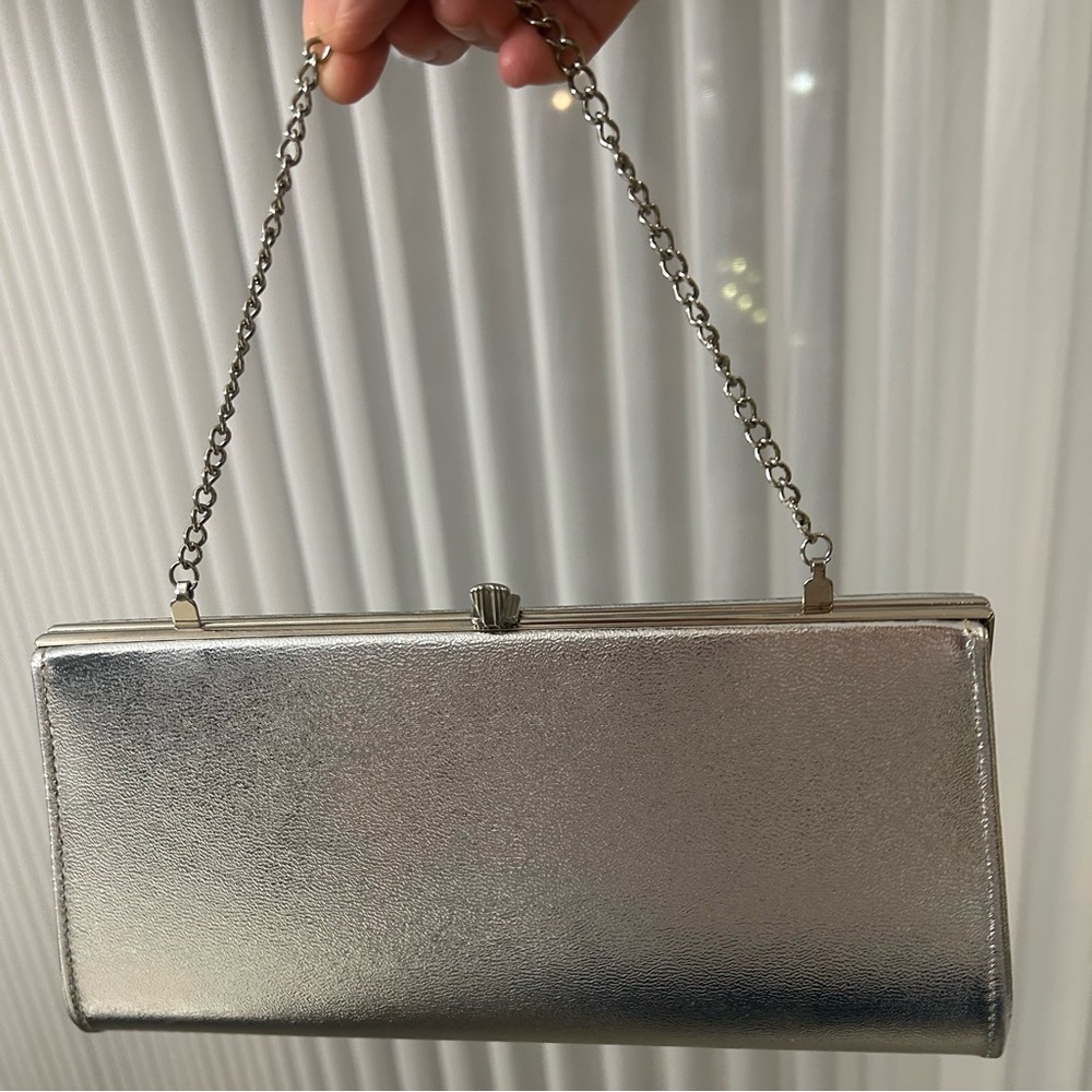 Silver Lame Clutch Bag with Chain Strap - Picture 2 of 9